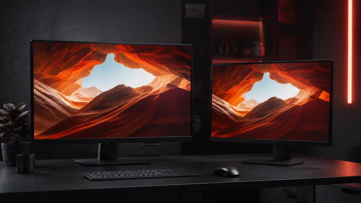 Two monitors showing a canyon scene at different display sizes.